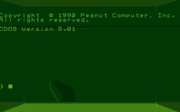 A fictional computer login screen from a computer game, reading "Copyright (c) 1990 Peanut Computer, Inc. CDOS Version 5.01"
