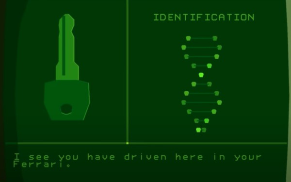 Screenshot of a video game reading "I see you have driven here in your Ferrari" from a green text-based computer login screen. A scan of the users car key is visible.